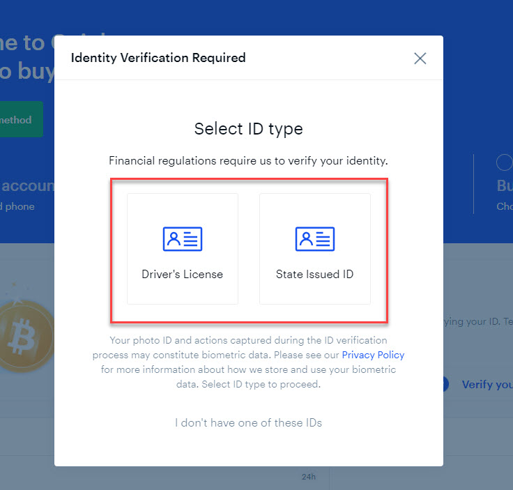 Selecting identity type for verification on coinbase