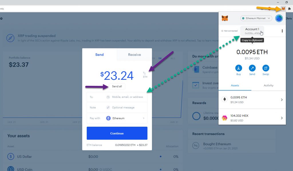 Transfer Ethereum from coinbase to metamask