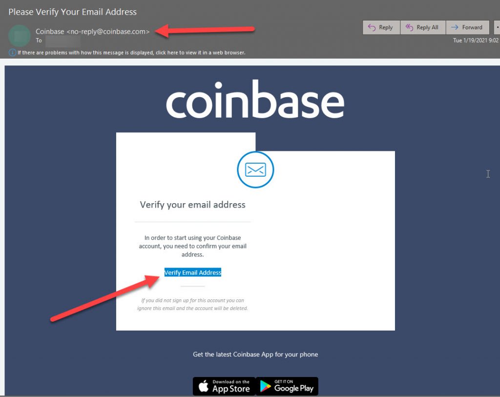 Verify coinbase from email.